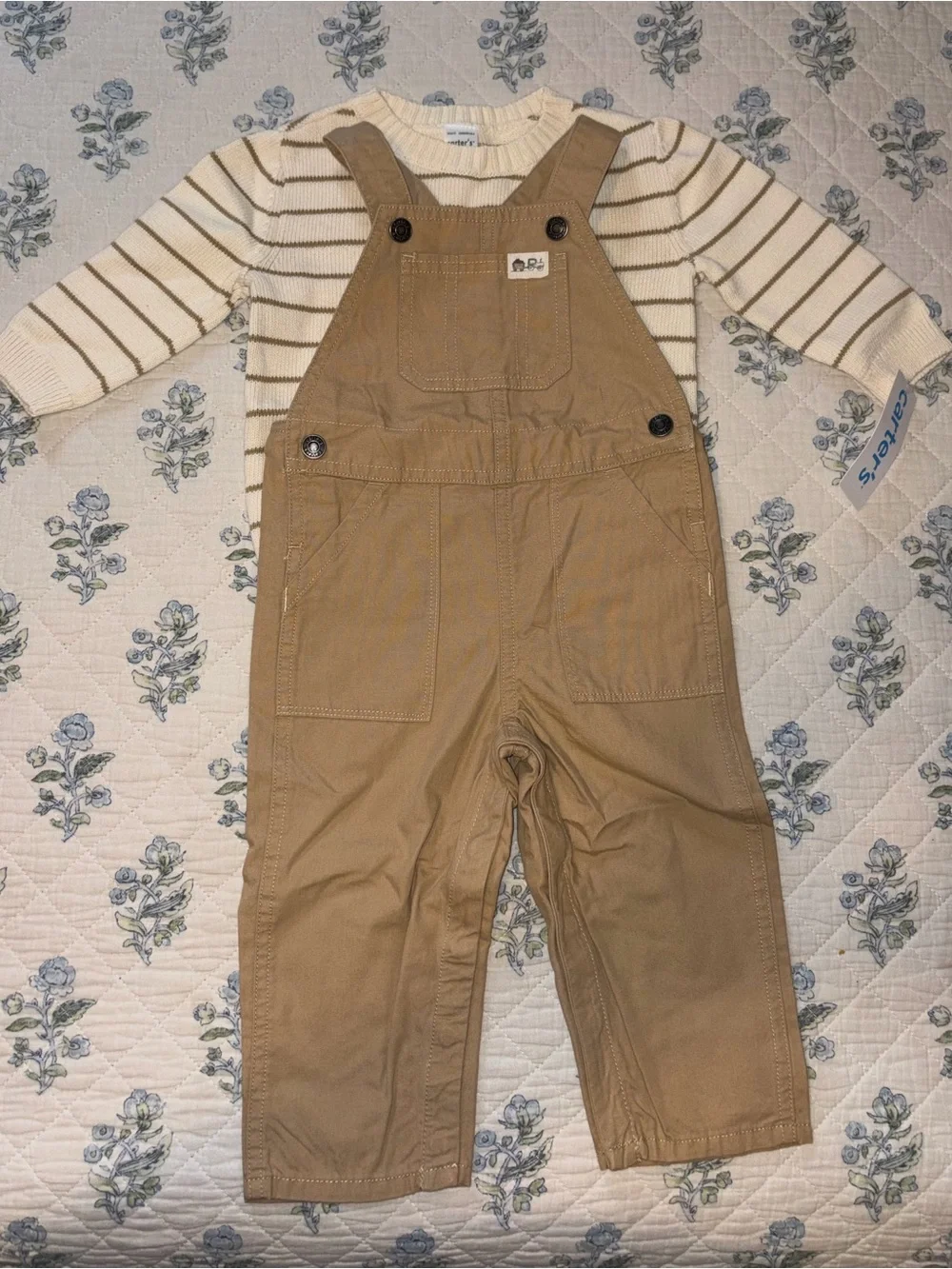 Carter's Tan Overalls with Cream Striped Sweater